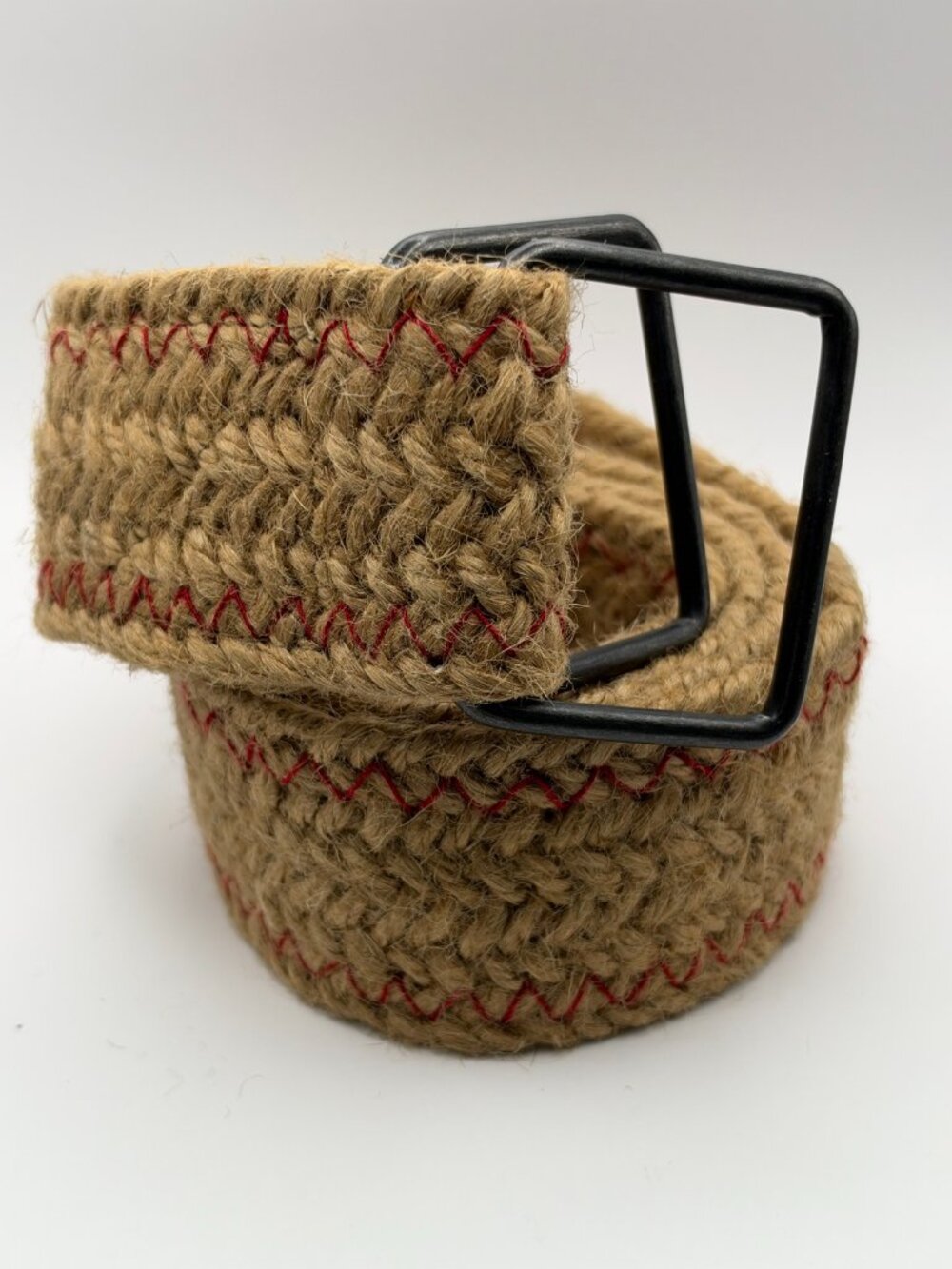 Woven Jute Belt Natural Tan Red Stitch Boho Festival